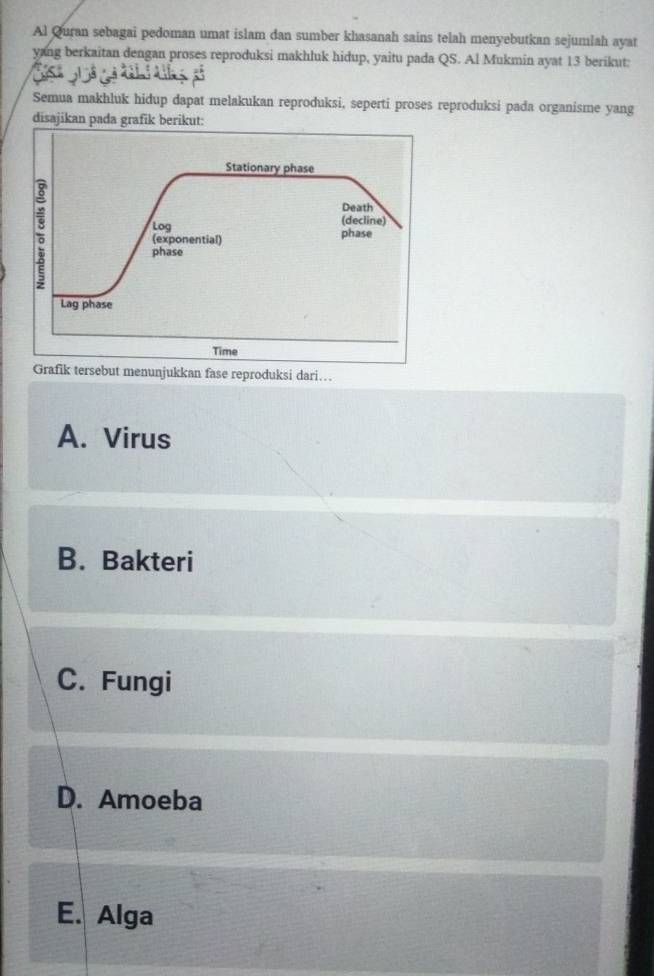 Al Quran sebagai pedoman umat islam dan sumber khasanah sains telah menyebutkan sejumlah ayat
yang berkaitan dengan proses reproduksi makhluk hidup, yaitu pada QS. Al Mukmin ayat 13 berikut:
Semua makhluk hidup dapat melakukan reproduksi, seperti proses reproduksi pada organisme yang
disajikan pada grafik berikut:
fase reproduksi dari…
A. Virus
B. Bakteri
C. Fungi
D. Amoeba
E. Alga