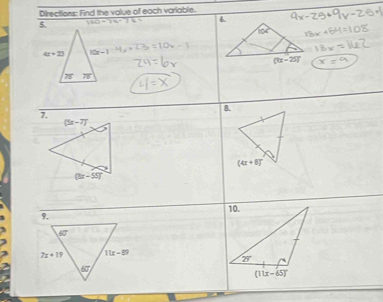 Directtions: Find the value of each variable.