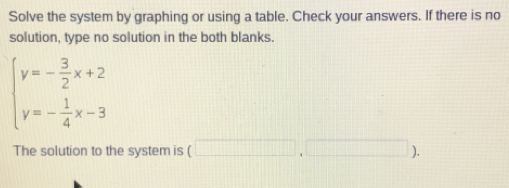 Solve the system by graphing or using a table. Check your answers. If there is no 
solution, type no solution in the both blanks.
beginarrayl y=- 3/2 x+2 y=- 1/4 x-3endarray.
The solution to the system is (□ ,□ ).
