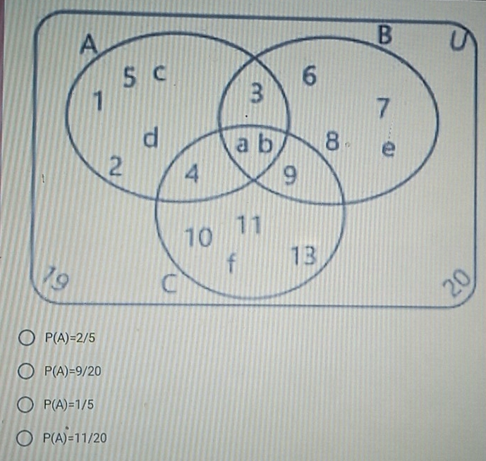 P(A)=2/5
P(A)=9/20
P(A)=1/5
P(A)=11/20