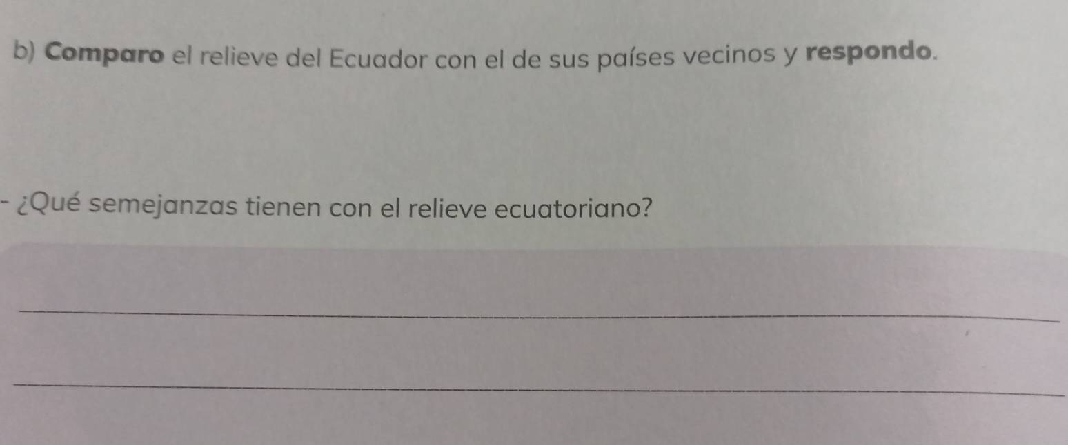 Comparo el relieve del Ecuador con el de sus países vecinos y respondo. 
- ¿Qué semejanzas tienen con el relieve ecuatoriano? 
_ 
_