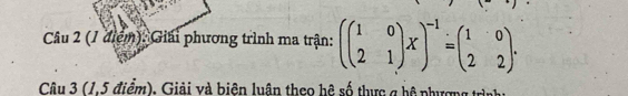 (1 điệm): Giải phương trình ma trận: (beginpmatrix 1&0 2&1endpmatrix X)^-1=beginpmatrix 1&0 2&2endpmatrix. 
Câu 3 (1,5 điểm). Giải và biện luận theo hệ số thực g hệ phượng trình