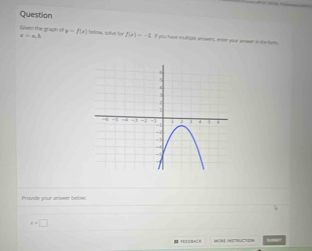 Question
x=a, b
Given the graph of y=f(x) below, solve for f(x)=-2. If you have multiple answers, enter your answer in the form, 
Provide your answer below:
x=□
FEEDBACK MORE INSTRUCTION Su