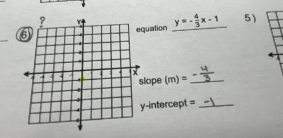 uation y=- 4/3 x-1 __ 5) 
lope (m) =_ 
-intercept =_