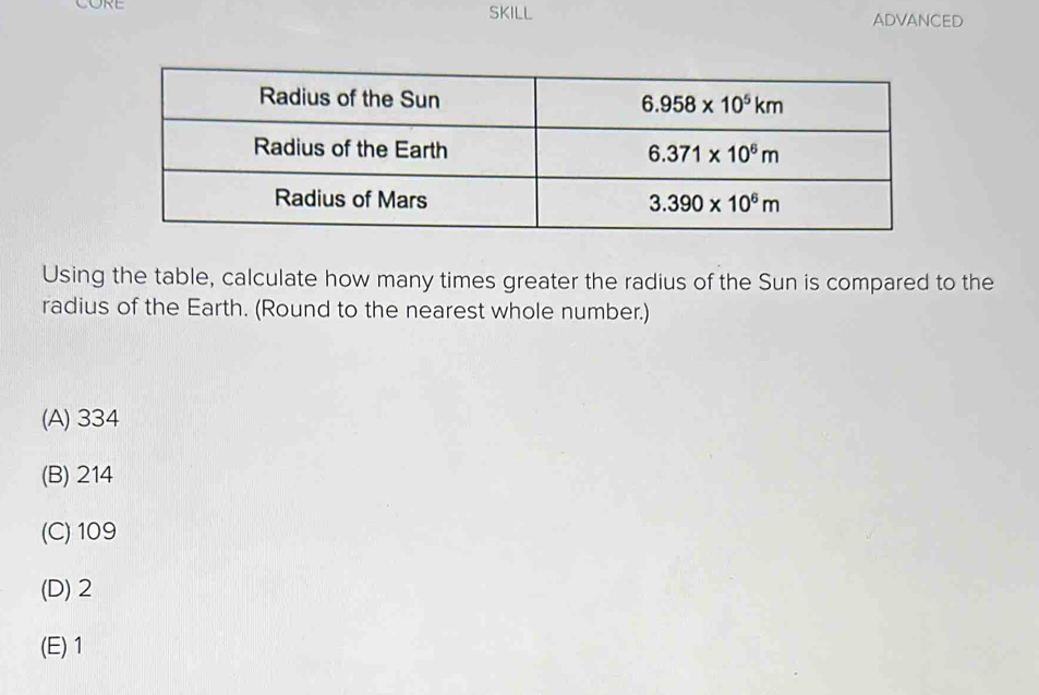 CORE SKILL ADVANCED
Using the table, calculate how many times greater the radius of the Sun is compared to the
radius of the Earth. (Round to the nearest whole number.)
(A) 334
(B) 214
(C) 109
(D) 2
(E) 1