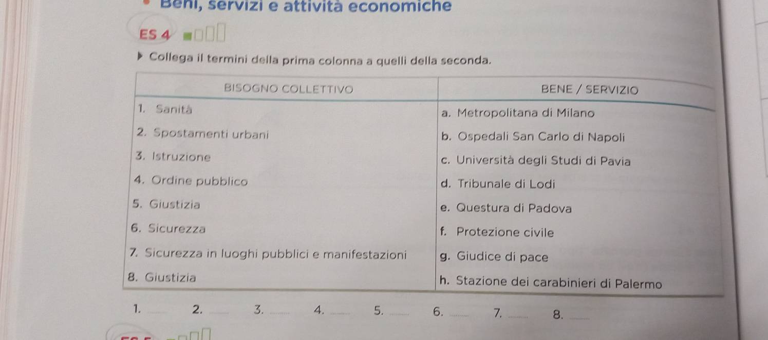 Beni, servizi e attività economiche 
ES 4 
Collega il termini della prima colonna a quelli della seconda. 
1. _2. _3. _4. _5. _6. _7. _8._