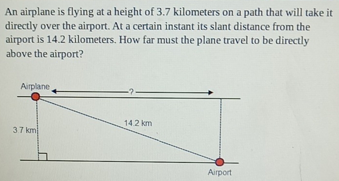 An airplane is flying at a height of 3.7 kilometers on a path that will take it 
directly over the airport. At a certain instant its slant distance from the 
airport is 14.2 kilometers. How far must the plane travel to be directly 
above the airport?