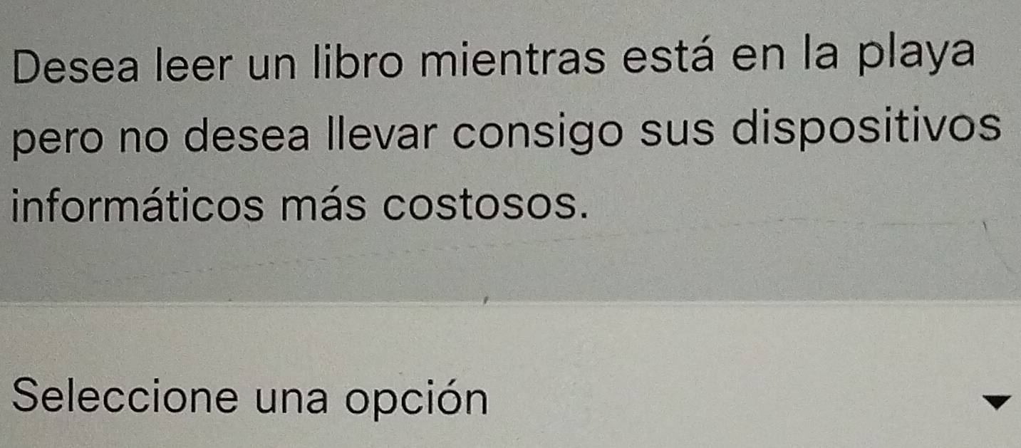 Desea leer un libro mientras está en la playa 
pero no desea llevar consigo sus dispositivos 
informáticos más costosos. 
Seleccione una opción