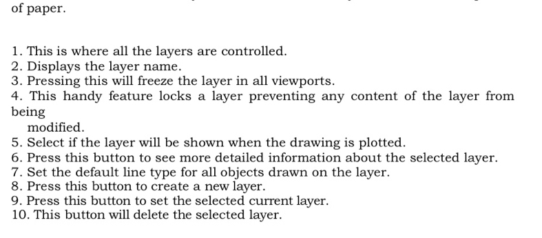 of paper. 
1. This is where all the layers are controlled. 
2. Displays the layer name. 
3. Pressing this will freeze the layer in all viewports. 
4. This handy feature locks a layer preventing any content of the layer from 
being 
modified. 
5. Select if the layer will be shown when the drawing is plotted. 
6. Press this button to see more detailed information about the selected layer. 
7. Set the default line type for all objects drawn on the layer. 
8. Press this button to create a new layer. 
9. Press this button to set the selected current layer. 
10. This button will delete the selected layer.