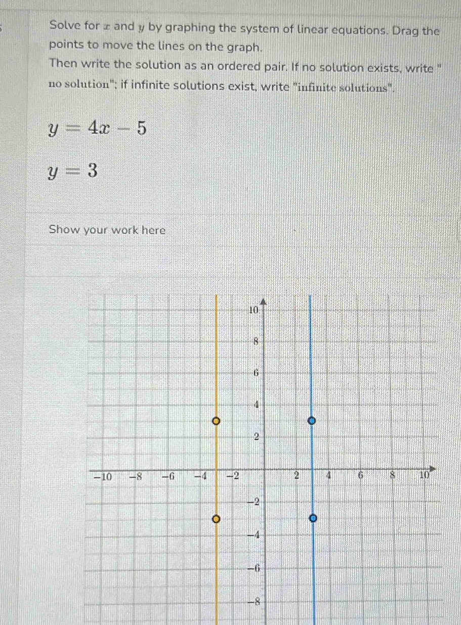 Solve for ± and y by graphing the system of linear equations. Drag the 
points to move the lines on the graph. 
Then write the solution as an ordered pair. If no solution exists, write " 
no solution"; if infinite solutions exist, write "infinite solutions".
y=4x-5
y=3
Show your work here