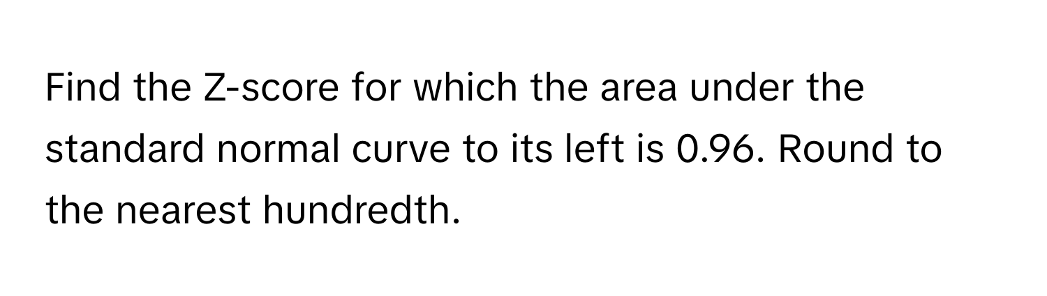 Find the Z-score for which the area under the standard normal curve to its left is 0.96. Round to the nearest hundredth.