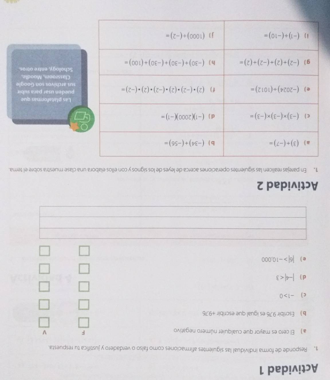 Actividad 1
1. Responde de forma individual las siguientes afirmaciones como falso o verdadero y justifica tu respuesta.
a ) El cero es mayor que cualquier número negativo
F
b) Escribir 9.76 es igual que escribir +9.76
C) -1>0
d ) |-4|<3</tex>
e ) |6|>-10,000
Actividad 2
1. En parejas realicen las siguientes operaciones acerca de leyes de los signos y con ellos elabora una clase muestra sobre el tema.
Las plataformas que
pueden usar para subir
us archivos son Google
Classroom, Moodle,
Schology, entre otros.