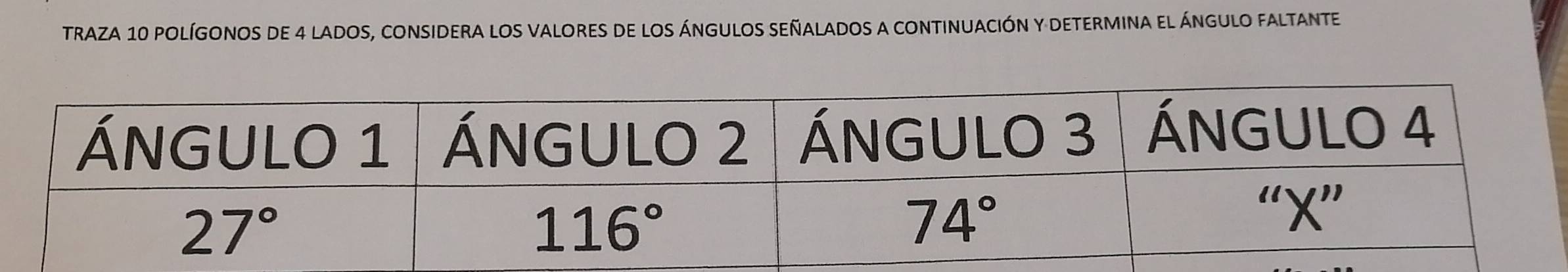 trazA 10 pOlíGOnOS de 4 ladoS, considera lOS valoreS DE loS ángUlOS señalados a continuaciÓN y Determina el ángulo faltante