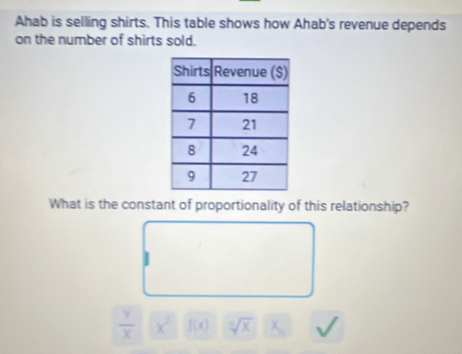 Ahab is selling shirts. This table shows how Ahab's revenue depends 
on the number of shirts sold. 
What is the constant of proportionality of this relationship?
 Y/X  x^2 f(x) sqrt[n](x) C