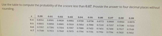 Use the table to compute the probability of the z-score less than 0,67. Provide the answer to four decimal places without 
rounding.