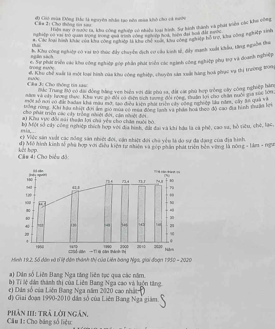 d) Gió mùa Đông Bắc là nguyên nhân tạo nên mùa khô cho cả nước
Cầu 2: Cho thông tin sau:
Hiện nay ở nước ta, khu công nghiệp có nhiều loại hình. Sự hình thành và phát triển các khu công
nghiệp có vai trò quan trọng trong quá trình công nghiệp hoá, hiện đại hoá đất nước.
thái. a. Các loại hình khác của khu công nghiệp là khu chế xuất, khu công nghiệp hỗ trợ, khu công nghiệp sinh
b. Khu công nghiệp có vai trò thúc đẩy chuyển dịch cơ cầu kinh tế, đẩy mạnh xuất khẩu, tăng nguồn thu
ngân sách.
c. Sự phát triển các khu công nghiệp góp phần phát triển các ngành công nghiệp phụ trợ và doanh nghiệp
trong nước.
d. Khu chế xuất là một loại hình của khu công nghiệp, chuyên sản xuất hàng hoá phục vụ thị trường trong
nước.
Câu 3: Cho thông tin sau:
Bắc Trung Bộ có dải đồng bằng ven biển với đất phù sa, đất cát phù hợp trồng cây công nghiệp hàn
năm và cây lương thực. Khu vực gò đồi có diện tích tương đổi rộng, thuận lợi cho chăn nuôi gia súc lớn;
một số nơi có đất badan khá màu mỡ, tạo điều kiện phát triển cây công nghiệp lâu năm, cây ăn quả và
trồng rừng. Khí hậu nhiệt đới ẩm gió mùa có mùa đồng lạnh và phân hoá theo độ cao địa hình thuận lợi
cho phát triển các cây trồng nhiệt đới, cận nhiệt đới.
a) Khu vực đồi núi thuận lợi chủ yếu cho chăn nuôi bò.
b) Một số cây công nghiệp thích hợp với địa hình, đất đai và khí hậu là cả phê, cao su, hồ tiêu, chè, lạc,
mia,...
c) Việc sản xuất các nông sản nhiệt đới, cận nhiệt đới chủ yếu là do sự đa dạng của địa hình.
d) Mô hình kinh tế phù hợp với điều kiện tự nhiên và góp phần phát triển bên vững là nông - lâm - ngư
kết hợp.
Câu 4: Cho biểu đồ:
Hình 19.2. Số dân và tỉ lệ dân thành thị của Liên bang Nga, giai đoạn 1950 - 2020
a) Dân số Liên Bang Nga tăng liên tục qua các năm.
b) Tỉ lệ dân thành thị của Liên Bang Nga cao và luôn tăng.
c) Dân số của Liên Bang Nga năm 2020 cao nhất:
d) Giai đoạn 1990-2010 dân số của Liên Bang Nga giảm.
phàN III: trả lời ngắn.
Câu 1: Cho bảng số liệu: