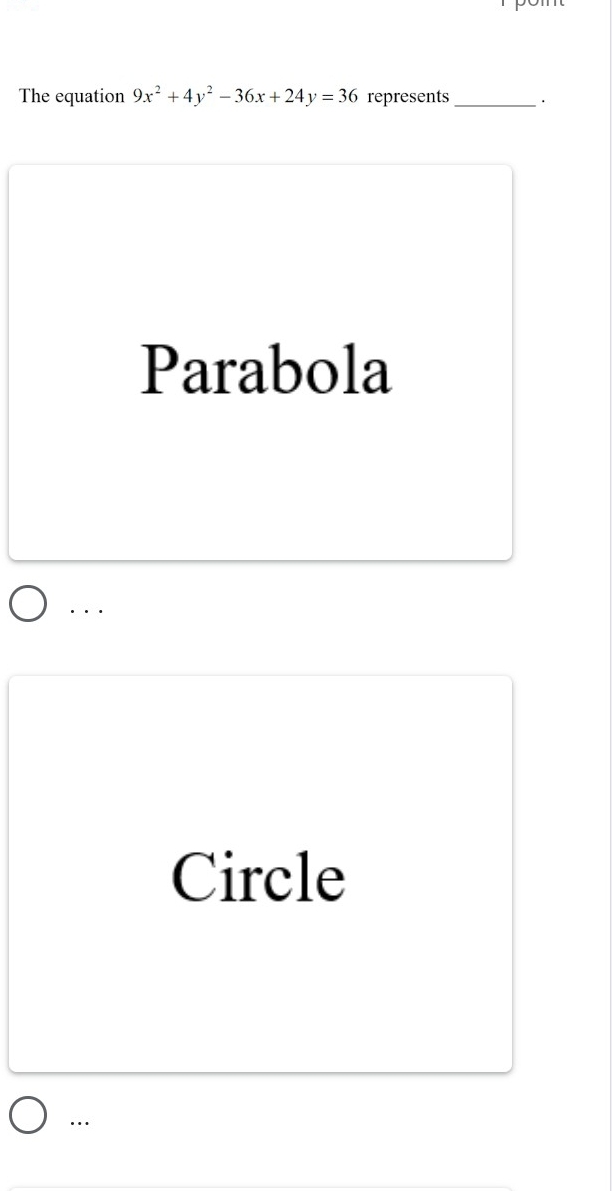 The equation 9x^2+4y^2-36x+24y=36 represents_ 
Parabola 
. . . 
Circle 
…