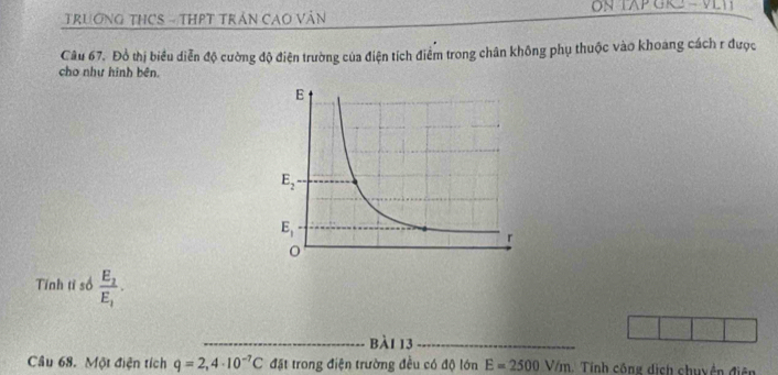 TAP G - VLV
TRUơNG THCS - THPT TRÁN CAO VăN
Câu 67. Đồ thị biểu diễn độ cường độ điện trường của điện tích điểm trong chân không phụ thuộc vào khoang cách r được
cho như hình bên.
Tính tỉ số frac E_2E_1·
_bài 13_
Câu 68. Một điện tích q=2,4· 10^(-7)C đặt trong điện trường đều có độ lớn E=2500V/m Tính công dịch chuyển điện