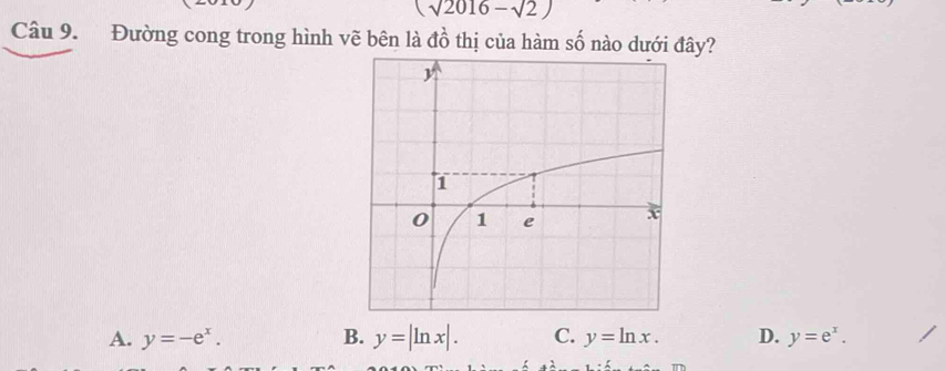 (sqrt(2016)-sqrt(2))
Câu 9. Đường cong trong hình vẽ bên là đồ thị của hàm số nào dưới đây?
A. y=-e^x. B. y=|ln x|. C. y=ln x. D. y=e^x.