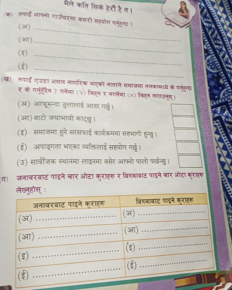 मैले कति सिके हेराँ है त।
(क)तपाई आफ्नो गाउँघरमा कसरी सहयोग गनुहुन्छ ?
(अ)_
(आ)_
(ξ)
()_
_
(ख) तपाईँ एउटा असल नागरिक भएको नाताले समाजमा तलकामध्ये के गनहरन्छ
र के गनुंहुदैन ? गर्नेमा (√) चिहन र नगर्नेमा (X) चिहन लगाउनुस्।
(अ) आफूभन्दा ठुलालाई आदर ग्छ।
(आ) बाटो जधाभावी काट्छ।
(इ) समाजमा हुने सरसफाई कार्यक्रममा सहभागी हुन्छु।
(ई) अपाङगता भएका व्यक्तिलाई सहयोग गई।
(उ) सार्वजिक स्थानमा लाइनमा बसेर आफ्नो पालो पर्खन्छु।
(ग) जनावरबाट पाइने चार ओटा कुराहरूर बिख्वाबाट पाइने चार ओटा कुराहरू