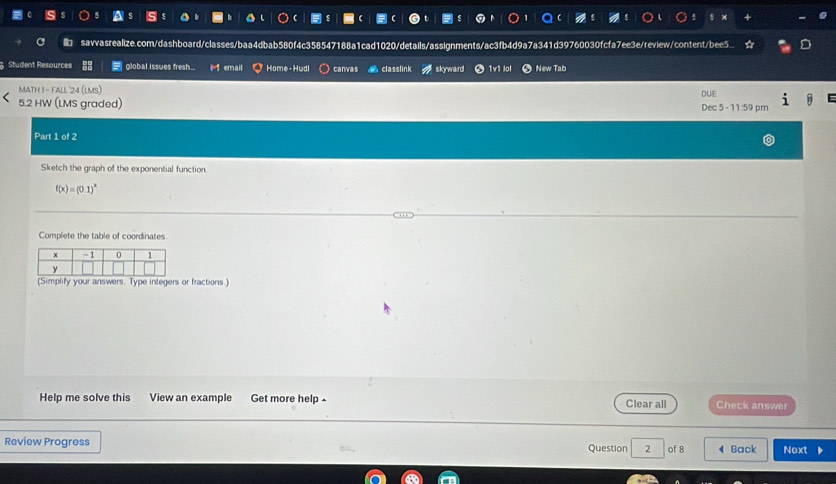 savvasrealize.com/dashboard/classes/baa4dbab580f4c358547188a1cad1020/details/assignments/ac3fb4d9a7a341d39760030fcfa7ee3e/review/content/bee5. 
Student Resources global issues fresh... i email Home - Hudl canvas classlink skyward 1v1 lol a New Tab 
MatH 1 - FALl 24 (Lms) 
5.2 HW (LMS graded) DUE Dec 5 - 11:59 pm 
Part 1 of 2 
Sketch the graph of the exponential function.
f(x)=(0.1)^x
Complete the table of coordinates. 
(Simplify your answers. Type integers or fractions) 
Help me solve this View an example Get more help - Clear all Check answer 
Review Progress Question 2 of 8 4 Back Noxt