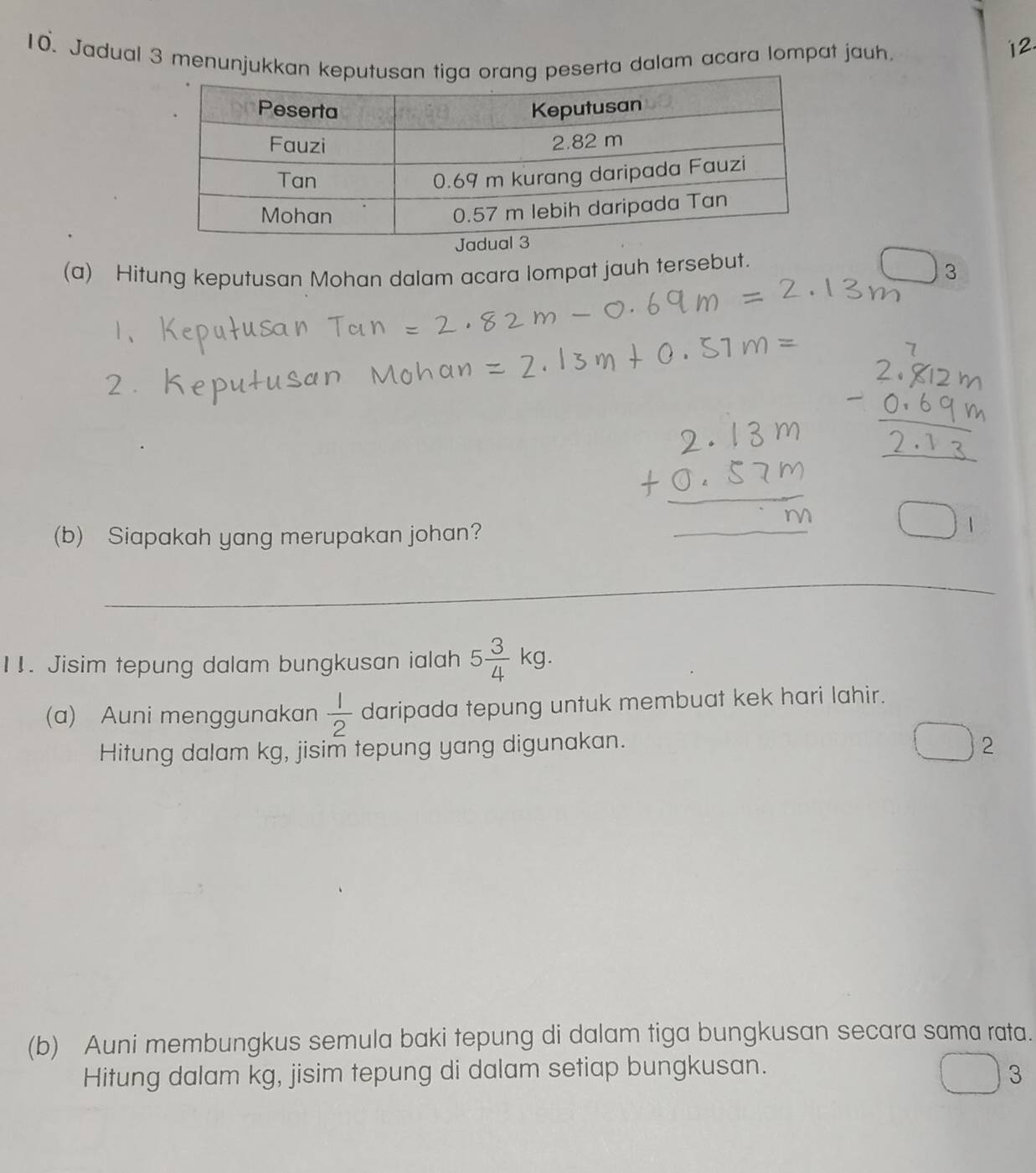 Jadual 3 menunjukkanserta dalam acara lompat jauh. 
(a) Hitung keputusan Mohan dalam acara lompat jauh tersebut. 
3 
(b) Siapakah yang merupakan johan? 
_ 
11. Jisim tepung dalam bungkusan ialah 5 3/4 kg. 
(a) Auni menggunakan  1/2  daripada tepung untuk membuat kek hari lahir. 
Hitung dalam kg, jisim tepung yang digunakan. 
2 
(b) Auni membungkus semula baki tepung di dalam tiga bungkusan secara sama rata. 
Hitung dalam kg, jisim tepung di dalam setiap bungkusan. 
3