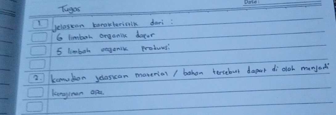 Tugas 
1 
Jeloskan barakterislk dari:
6 limboh organik dapur
5 limbah organlk producsi 
2. komudion sdasian material / bahan tersebut dapar di oloh menjadi 
kenoglmen apa.