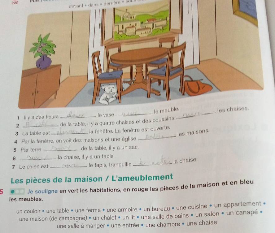 200
devant « dans « derrière « sou
_2
de la table, il y a quatre chaises et des coussi
_
3 La table est _la fenêtre. La fenêtre est ouverte.
les maisons.
4 Par la fenêtre, on voit des maisons et une église .
5 Par terre _de la table, il y a un sac.
6 _la chaise, il y a un tapis.
la chaise.
7 Le chien est _le tapis, tranquille
_
Les pièces de la maison / L'ameublement
5 Je souligne en vert les habitations, en rouge les pièces de la maison et en bleu
les meubles.
un couloir • une table • une ferme • une armoire • un bureau • une cuisine • un appartement
une maison (de campagne) • un chalet • un lit • une salle de bains • un salon • un canapé
une salle à manger • une entrée • une chambre • une chaise