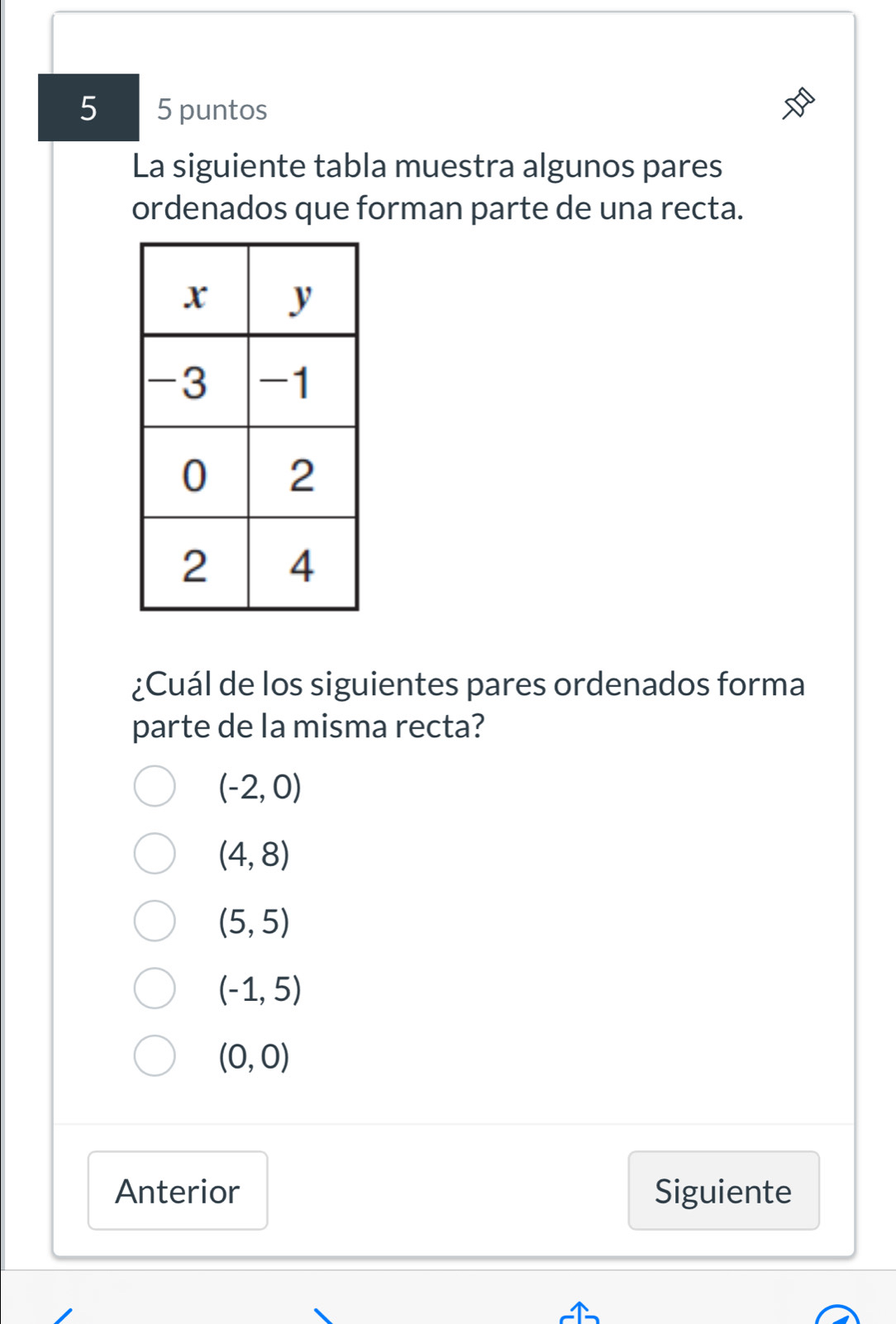 5 5 puntos
La siguiente tabla muestra algunos pares
ordenados que forman parte de una recta.
¿Cuál de los siguientes pares ordenados forma
parte de la misma recta?
(-2,0)
(4,8)
(5,5)
(-1,5)
(0,0)
Anterior Siguiente