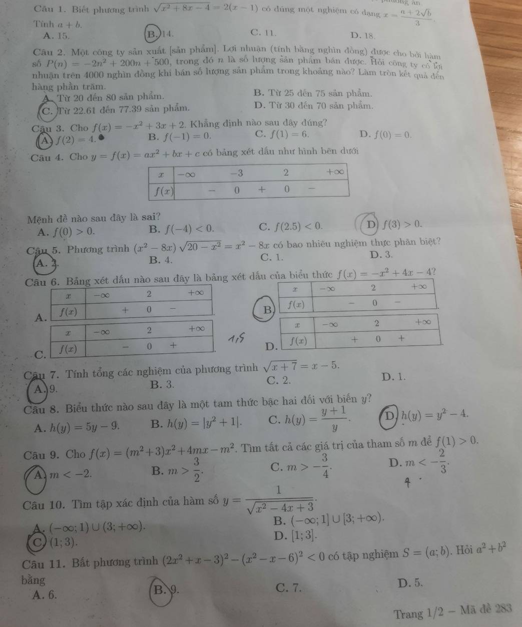 Biết phương trình sqrt(x^2+8x-4)=2(x-1) có dúng một nghiệm có dạng x= (a+2sqrt(b))/3 .
Tính a+b. D. 18.
A. 15. (B,)14. C. 11.
Câu 2. Một công ty sản xuất [sản phẩm]. Lợi nhuận (tính bằng nghìn đồng) được cho bởi hàm
số P(n)=-2n^2+200n+500. trong đó n là số lượng sản phẩm bán được. Hỏi công ty có lợi
nhuận trên 4000 nghìn đồng khi bán số lượng sản phẩm trong khoảng nào? Làm tròn kết quá đến
hàng phần trăm. B. Từ 25 dến 75 sản phẩm.
A Từ 20 đến 80 sản phẩm.
C. Từ 22.61 đến 77.39 sản phẩm. D. Từ 30 đến 70 sản phẩm.
Câu 3. Cho f(x)=-x^2+3x+2. Khẳng định nào sau dây dúng?
A f(2)=4. B. f(-1)=0. C. f(1)=6. D. f(0)=0.
Câu 4. Cho y=f(x)=ax^2+bx+c có bảng xét dấu như hình bēn dưới
Mệnh đề nào sau đây là sai?
A. f(0)>0.
B. f(-4)<0. C. f(2.5)<0. D f(3)>0.
có bao nhiêu nghiệm thực phân biệt?
Cậu 5. Phương trình (x^2-8x)sqrt(20-x^2)=x^2-8x C. 1. D. 3.
A. 2. B. 4.
Câu 6. Bảng xét dấu nào sau đây là bảng xét dấu của biểu thức f(x)=-x^2+4x-4 ?
 
 
Câu 7. Tính tổng các nghiệm của phương trình sqrt(x+7)=x-5. D. 1.
A.)9.
B. 3. C. 2.
Câu 8. Biểu thức nào sau đây là một tam thức bậc hai đối với biến y?
A. h(y)=5y-9. B. h(y)=|y^2+1|. C. h(y)= (y+1)/y . D h(y)=y^2-4.
Câu 9. Cho f(x)=(m^2+3)x^2+4mx-m^2 7. Tìm tất cả các giá trị của tham số m để f(1)>0.
C.
A m
B. m> 3/2 . m>- 3/4 .
D. m<- 2/3 .
Câu 10. Tìm tập xác định của hàm số y= 1/sqrt(x^2-4x+3) .
A. (-∈fty ;1)∪ (3;+∈fty ).
B. (-∈fty ;1]∪ [3;+∈fty ).
C (1;3).
D. [1;3].
Câu 11. Bất phương trình (2x^2+x-3)^2-(x^2-x-6)^2<0</tex> có tập nghiệm S=(a;b). Hỏi a^2+b^2
bǎng D. 5.
A. 6. B. 9. C. 7.
Trang 1/2 - Mã đề 283