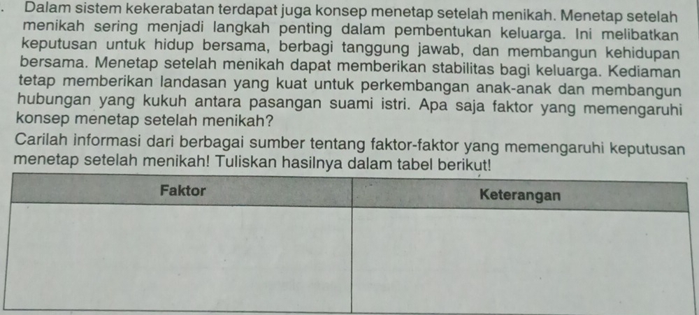 Dalam sistem kekerabatan terdapat juga konsep menetap setelah menikah. Menetap setelah 
menikah sering menjadi langkah penting dalam pembentukan keluarga. Ini melibatkan 
keputusan untuk hidup bersama, berbagi tanggung jawab, dan membangun kehidupan 
bersama. Menetap setelah menikah dapat memberikan stabilitas bagi keluarga. Kediaman 
tetap memberikan landasan yang kuat untuk perkembangan anak-anak dan membangun 
hubungan yang kukuh antara pasangan suami istri. Apa saja faktor yang memengaruhi 
konsep menetap setelah menikah? 
Carilah informasi dari berbagai sumber tentang faktor-faktor yang memengaruhi keputusan 
menetap setelah menikah! Tuliskan hasilnya dalam tabel berikut!