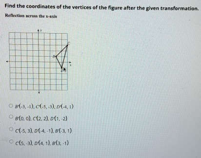 Find the coordinates of the vertices of the figure after the given transformation.
Reflection across the x-axis
B(-3,-1), C(-5,-3), D(-4,1)
B(0,0), C(2,2), D(1,-2)
C(-5,3), D(-4,-1), B(-3,1)
C(5,-3), D(4,1), B(3,-1)