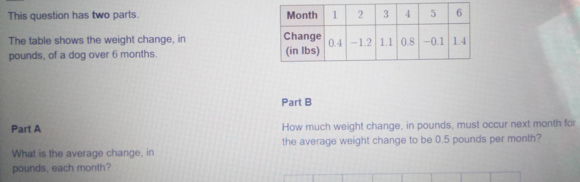 This question has two parts. 
The table shows the weight change, in
pounds, of a dog over 6 months. 
Part B 
Part A 
How much weight change, in pounds, must occur next month for 
the average weight change to be 0.5 pounds per month? 
What is the average change, in
pounds, each month?