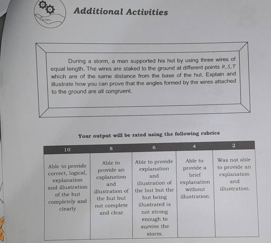 Additional Activities 
During a storm, a man supported his hut by using three wires of 
equal length. The wires are staked to the ground at different points R, S,T 
which are of the same distance from the base of the hut. Explain and 
illustrate how you can prove that the angles formed by the wires attached 
to the ground are all congruent. 
Your output will be rated using the following rubrics