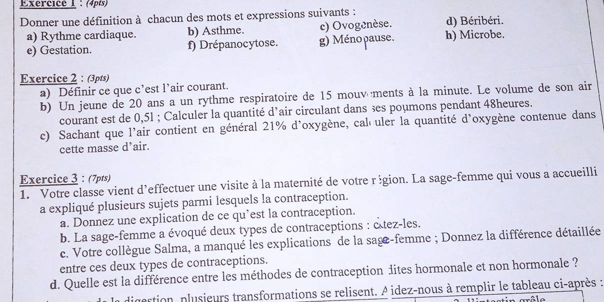 Donner une définition à chacun des mots et expressions suivants : 
a) Rythme cardiaque. b) Asthme. c) Ovogenèse. 
d) Béribéri. 
e) Gestation. f) Drépanocytose. g) Méno pause. h) Microbe. 
Exercice 2 : (3pts) 
a) Définir ce que c’est l’air courant. 
b) Un jeune de 20 ans a un rythme respiratoire de 15 mouv ments à la minute. Le volume de son air 
courant est de 0,51; Calculer la quantité d’air circulant dans ses poumons pendant 48heures. 
c) Sachant que l'air contient en général 21% d'oxygène, calculer la quantité d'oxygène contenue dans 
cette masse d’air. 
Exercice 3 : (7p1s) 
1. Votre classe vient d’effectuer une visite à la maternité de votre région. La sage-femme qui vous a accueilli 
a expliqué plusieurs sujets parmi lesquels la contraception. 
a. Donnez une explication de ce qu’est la contraception. 
b. La sage-femme a évoqué deux types de contraceptions : étez-les. 
c. Votre collègue Salma, a manqué les explications de la sage-femme ; Donnez la différence détaillée 
entre ces deux types de contraceptions. 
d. Quelle est la différence entre les méthodes de contraception dites hormonale et non hormonale ? 
estion plusieurs transformations se relisent. A idez-nous à remplir le tableau ci-après :