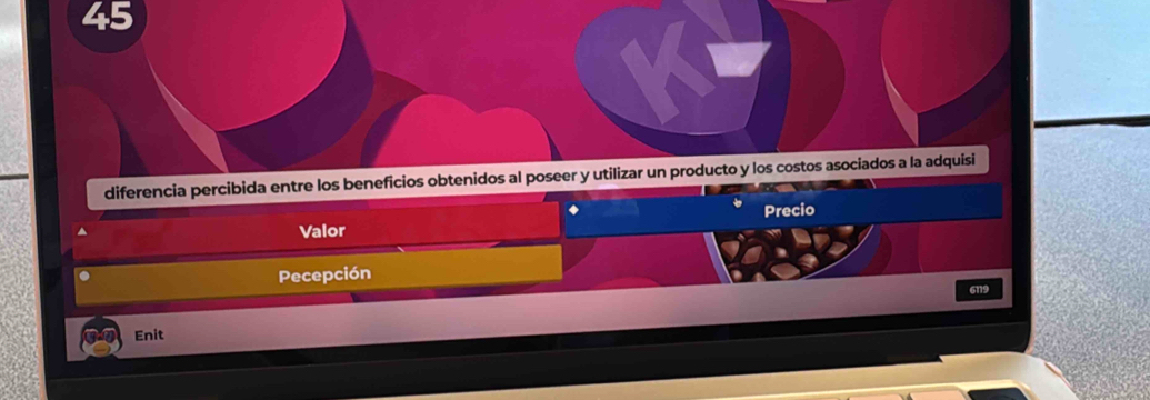 diferencia percibida entre los beneficios obtenidos al poseer y utilizar un producto y los costos asociados a la adquisi 
Precio 
Valor 
Pecepción 
619 
Enit