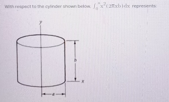 With respect to the cylinder shown below, ∈t _0^(ax^2)(2π xb)dx represents: