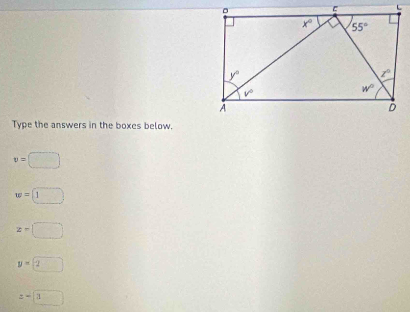 Type the answers in the boxes below.
v=□
w=□ ,
x=□
y=2
z=3