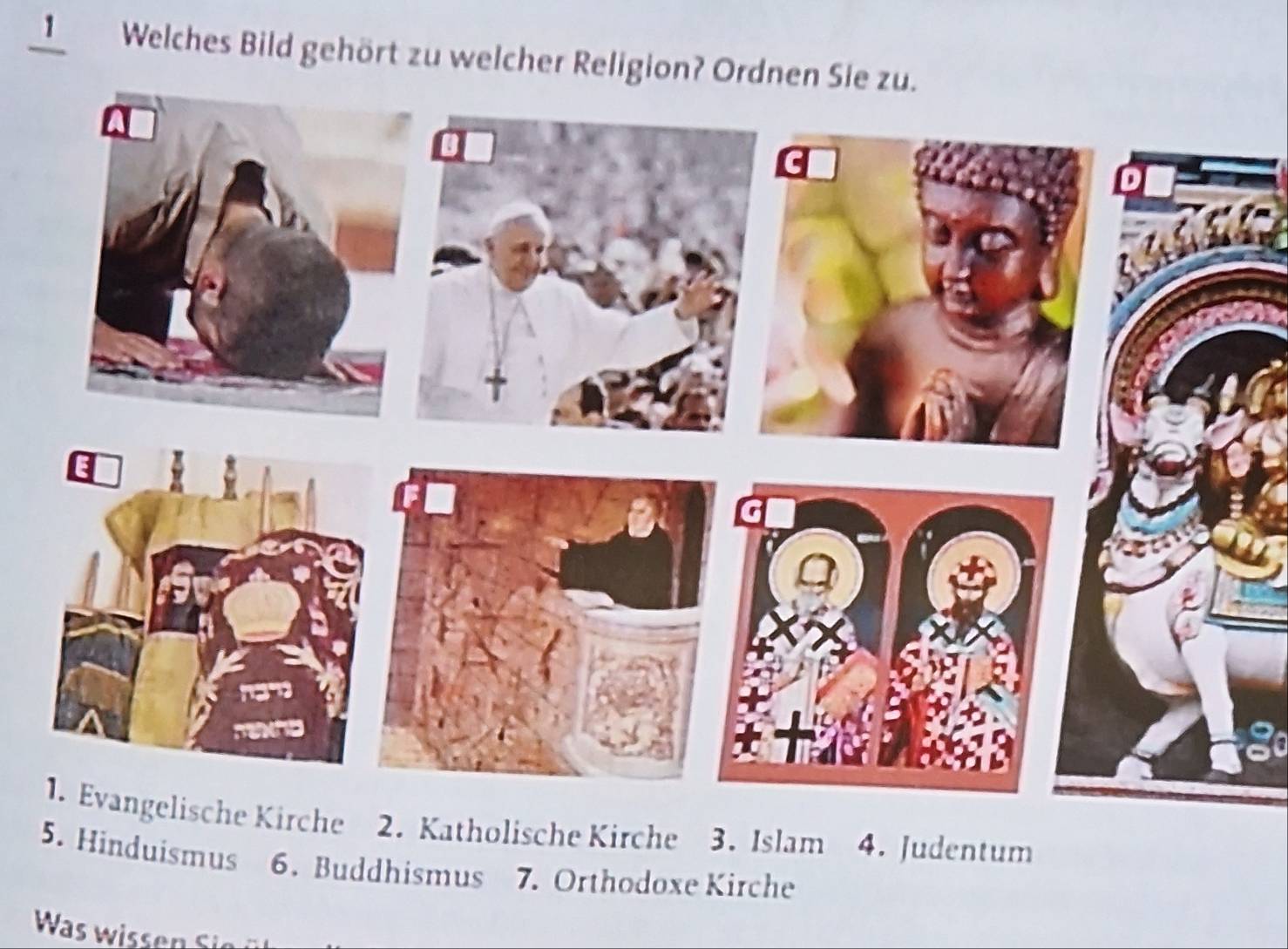 Welches Bild gehört zu welcher Religion? Ordnen Sie zu.
1. Evangelische Kirche 2. Katholische Kirche 3. Islam 4. Judentum
5. Hinduismus 6. Buddhismus 7. Orthodoxe Kirche