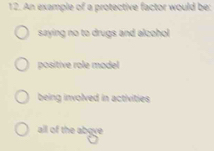 An example of a protective factor would be:
saying no to drugs and alcohol
positive role model
being involved in activities
all of the abgye