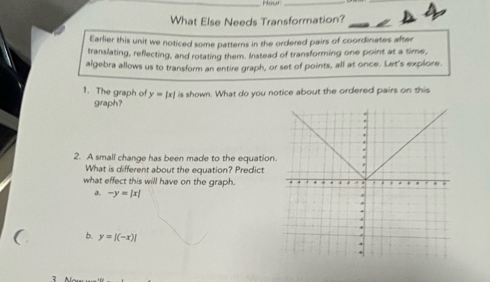 Mour_
What Else Needs Transformation?
Earlier this unit we noticed some patterns in the ordered pairs of coordinates after
translating, reflecting, and rotating them. Instead of transforming one point at a time,
algebra allows us to transform an entire graph, or set of points, all at once. Let's explore.
1. The graph of y=|x| is shown. What do you notice about the ordered pairs on this
graph?
2. A small change has been made to the equation
What is different about the equation? Predict
what effect this will have on the graph.
a. -y=|x|
(
b. y=|(-x)|
3 N