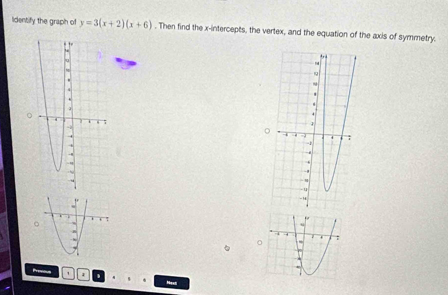 Identify the graph of y=3(x+2)(x+6). Then find the x-intercepts, the vertex, and the equation of the axis of symmetry. 
。 

。 
Previous 1 2 3 4 Next