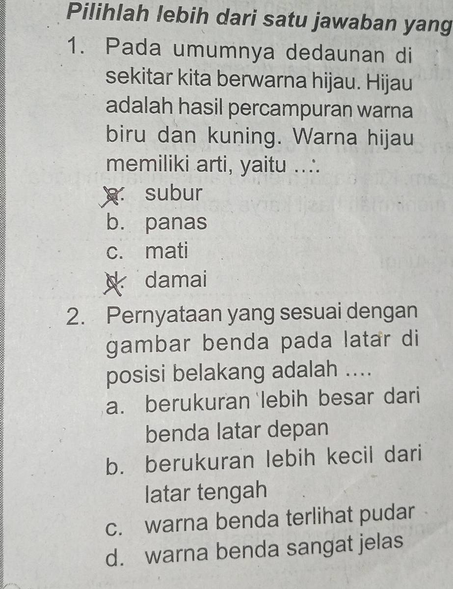 Pilihlah lebih dari satu jawaban yang
1. Pada umumnya dedaunan di
sekitar kita berwarna hijau. Hijau
adalah hasil percampuran warna
biru dan kuning. Warna hijau
memiliki arti, yaitu ...
subur
b. panas
c. mati
damai
2. Pernyataan yang sesuai dengan
gambar benda pada latar di
posisi belakang adalah ....
a. berukuran lebih besar dari
benda latar depan
b. berukuran lebih kecil dari
latar tengah
c. warna benda terlihat pudar
d. warna benda sangat jelas