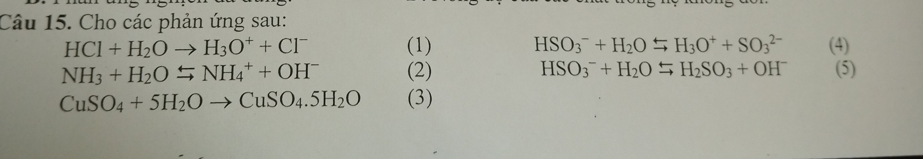 Cho các phản ứng sau:
HCl+H_2Oto H_3O^++Cl^- (1) HSO_3^(-+H_2)Oxrightarrow rightarrow H_3O^++SO_3^((2-) (4)
NH_3)+H_2Oxrightarrow rightarrow NH_4^(++OH^-) (2) HSO_3^(-+H_2)Oxrightarrow rightarrow H_2SO_3+OH^- (5)
CuSO_4+5H_2Oto CuSO_4.5H_2O (3)