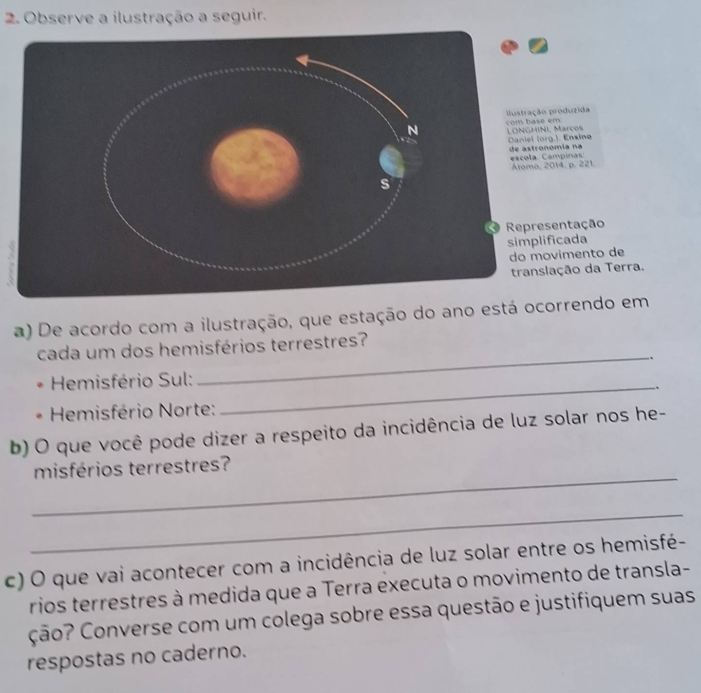 Observe a ilustração a seguir. 
produzida 
com base em 
, Märcos 
g.). Ensino 
omía na 
ampinas:
014, p. 221. 
entação 
ficada 
vimento de 
ação da Terra. 
a) De acordo com a ilustração, que estação do ano está ocorrendo em 
_ 
cada um dos hemisférios terrestres? 
、 
Hemisfério Sul:_ 
. 
Hemisfério Norte: 
b) O que você pode dizer a respeito da incidência de luz solar nos he- 
_ 
misférios terrestres? 
_ 
c) O que vai acontecer com a incidência de luz solar entre os hemisfé- 
rios terrestres à medida que a Terra executa o movimento de transla- 
ção? Converse com um colega sobre essa questão e justifiquem suas 
respostas no caderno.