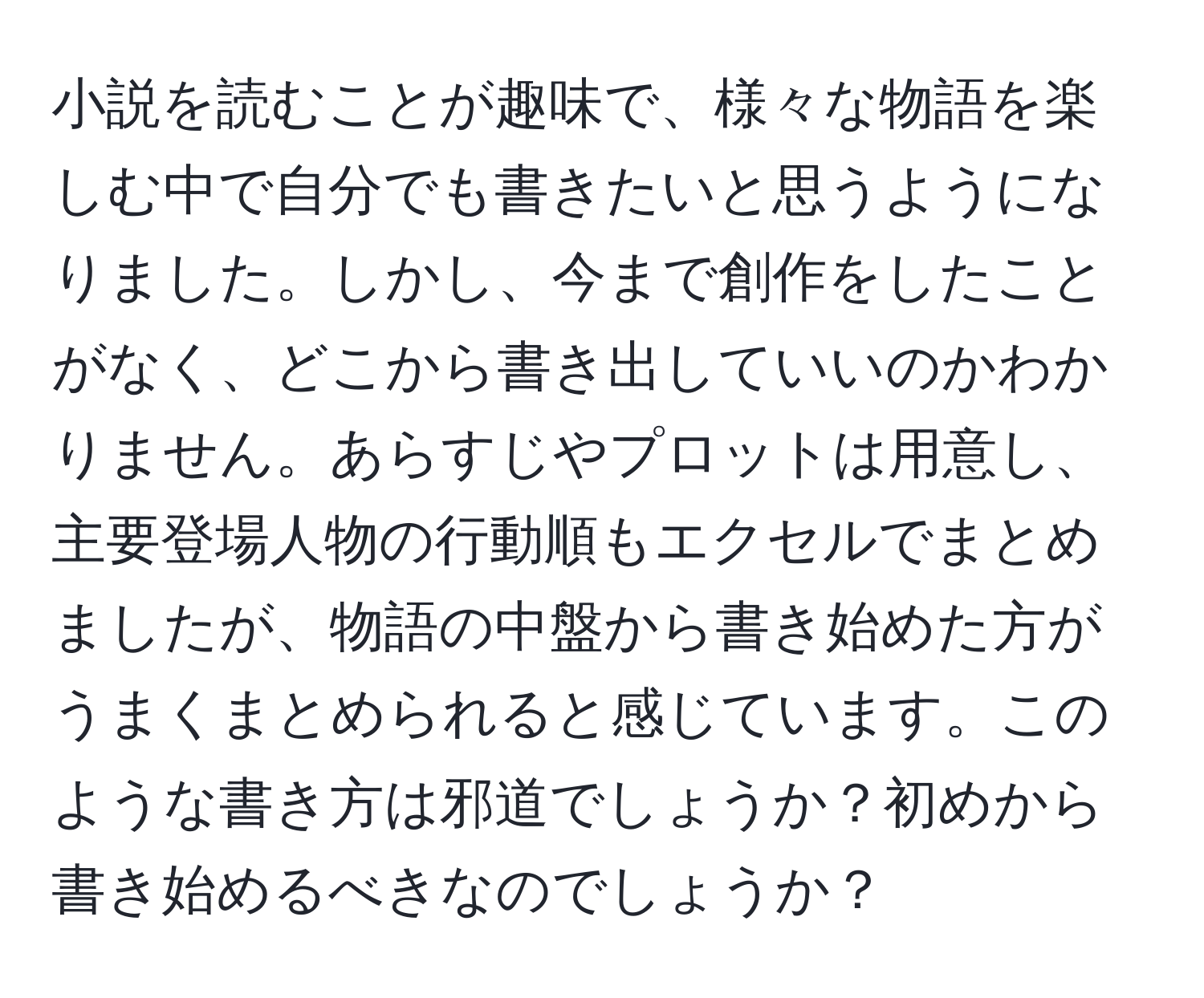 小説を読むことが趣味で、様々な物語を楽しむ中で自分でも書きたいと思うようになりました。しかし、今まで創作をしたことがなく、どこから書き出していいのかわかりません。あらすじやプロットは用意し、主要登場人物の行動順もエクセルでまとめましたが、物語の中盤から書き始めた方がうまくまとめられると感じています。このような書き方は邪道でしょうか？初めから書き始めるべきなのでしょうか？