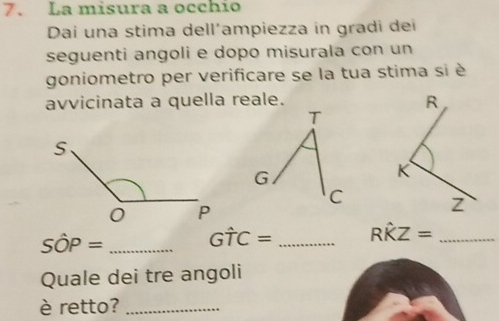 La misura a occhio 
Dai una stima dell´ampiezza in gradi dei 
seguenti angoli e dopo misurala con un 
goniometro per verificare se la tua stima si è 
avvicinata a quella reale.
Shat OP= _
Ghat TC= _ Rhat KZ= _ 
Quale dei tre angoli 
è retto?_