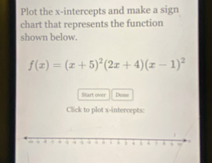 Plot the x-intercepts and make a sign 
chart that represents the function 
shown below.
f(x)=(x+5)^2(2x+4)(x-1)^2
Start over Done 
Click to plot x-intercepts: