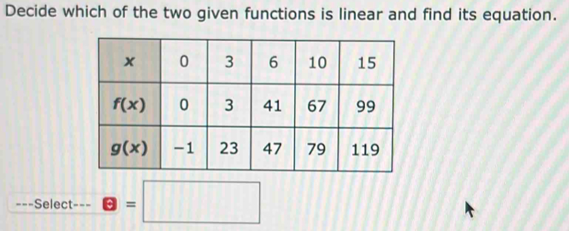 Decide which of the two given functions is linear and find its equation.
Select-== θ =□