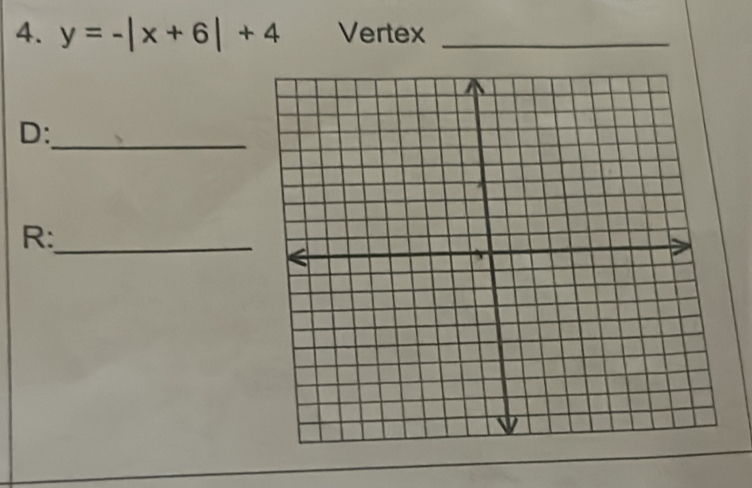 y=-|x+6|+4 Vertex_ 
D:_ 
R:_